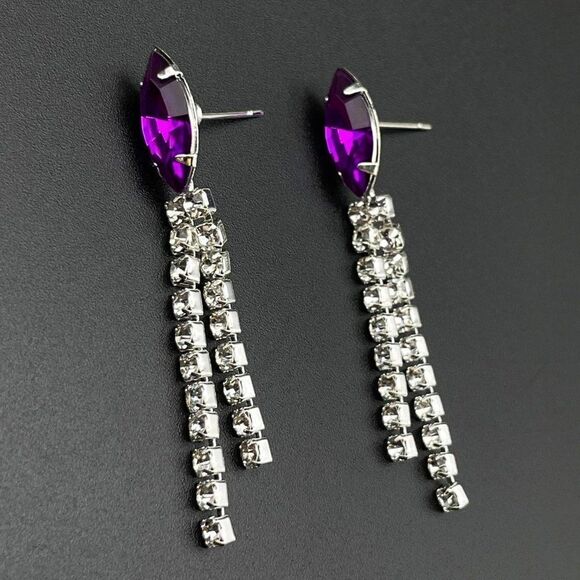 Silver with Purple Amethyst and White Diamond Crystal Dangling Post Earrings - Picture 4 of 10